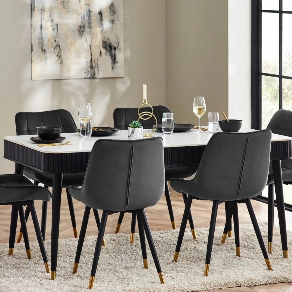 Louis Black Fluted Stone Top Dining Table With Drawers