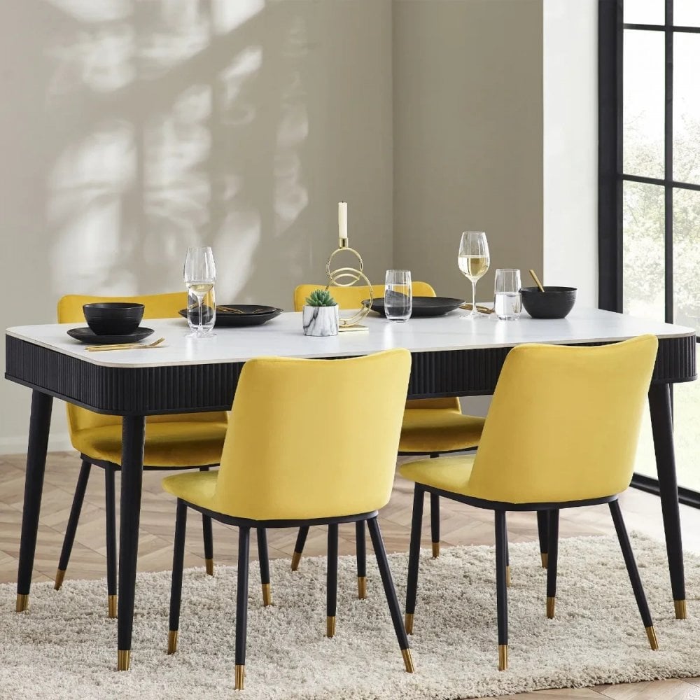 Louis Black Fluted Stone Top Dining Table With Drawers