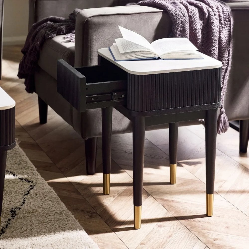 Louis Black Fluted Stone Top Lamp Table With Drawer