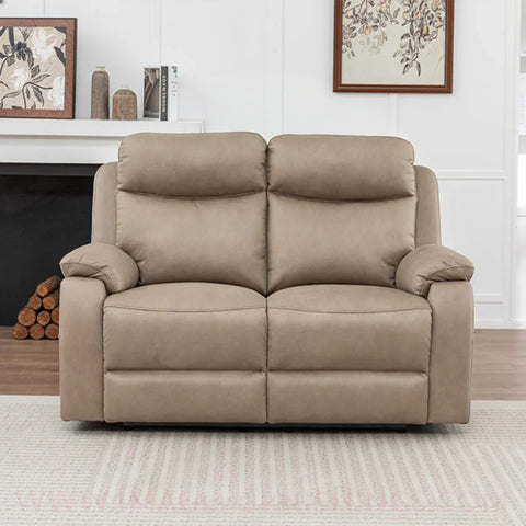 Stone fabric loveseat sofa with plush cushions in living room setting