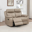 Stone fabric loveseat with recliner feature in modern living room setting