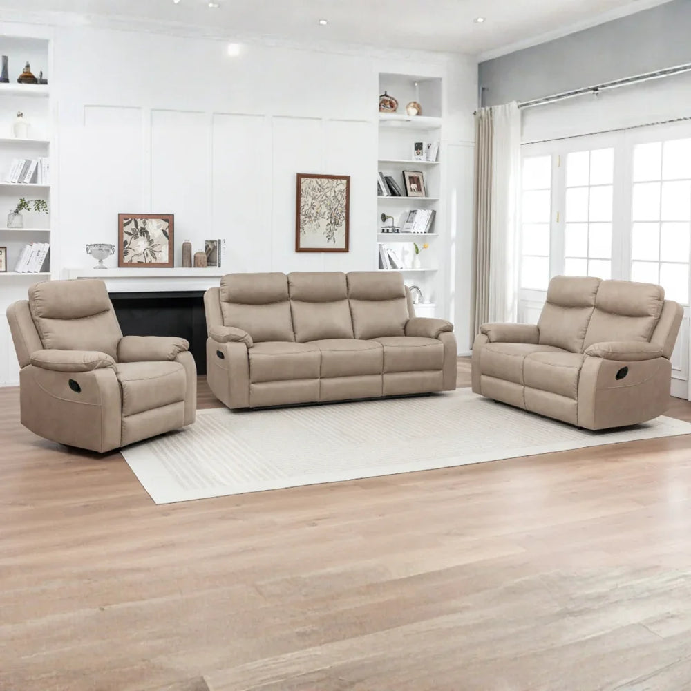 Stone fabric 3 seater sofa set with recliner chairs in modern living room