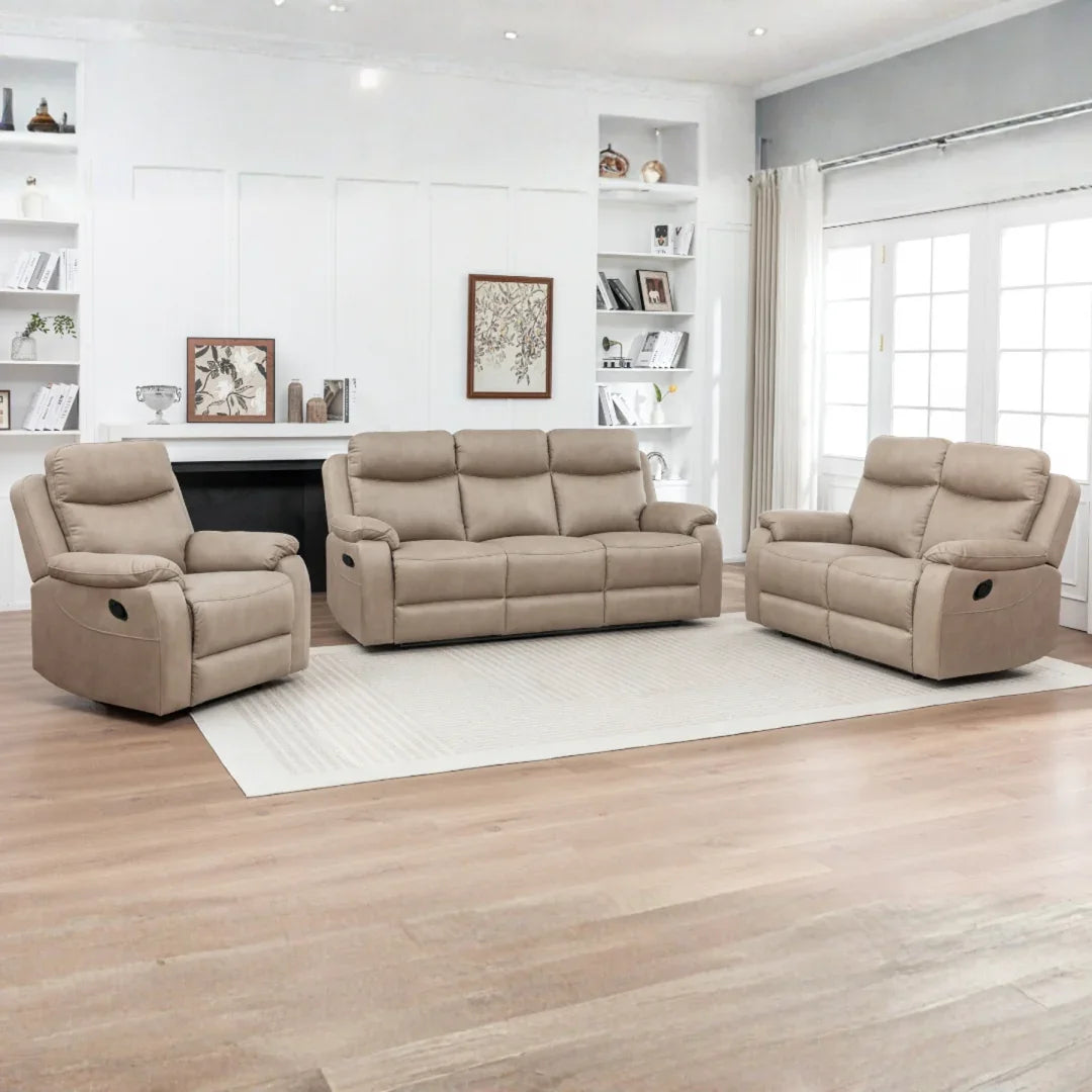 Stone fabric 3 seater sofa set with recliner chairs in modern living room