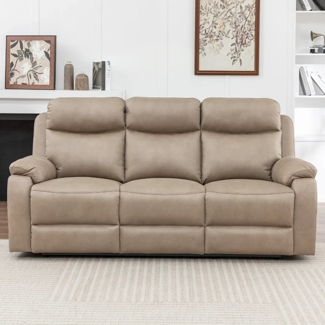 Stone fabric 3 seater sofa with padded armrests and high backrest in living room setting