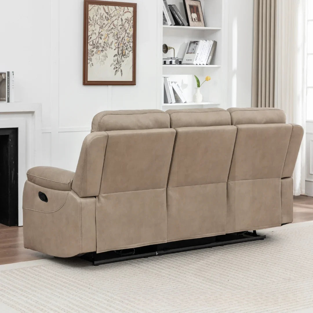 Stone fabric reclining sofa with three seats, rear view, in a bright living room setting