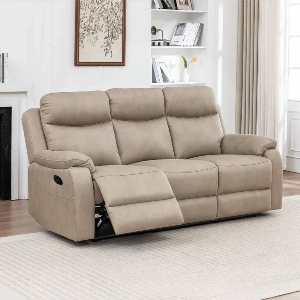 Stone fabric 3 seater reclining sofa with plush cushions in a modern living room