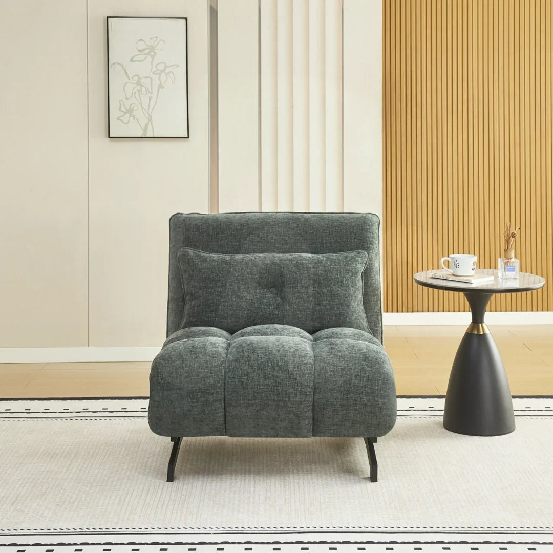 Tucker single sofa bed in winter moss fabric with cushion, set in a modern living room
