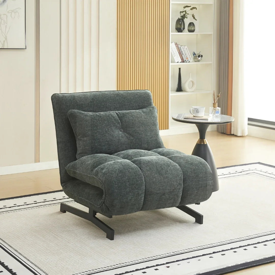 Tucker single sofa bed in winter moss fabric with cushion, set on modern cream rug