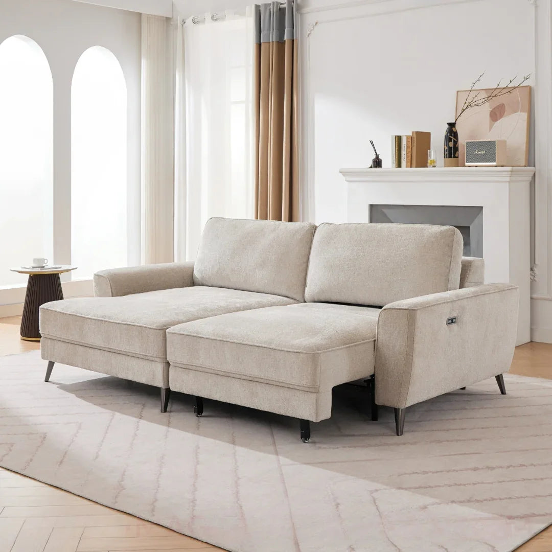 Beige fabric power bed sectional sofa with chaise in modern living room on patterned rug