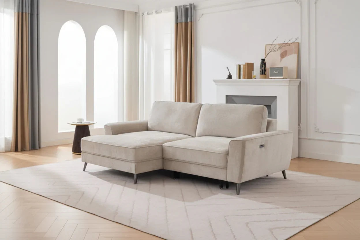 Beige fabric power bed sectional sofa with chaise in modern living room