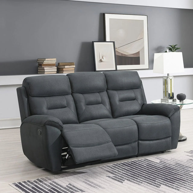 Slate grey reclining sofa with padded seats in modern living room setting
