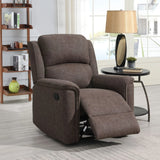 Brown fabric recliner chair with extended footrest in living room setting