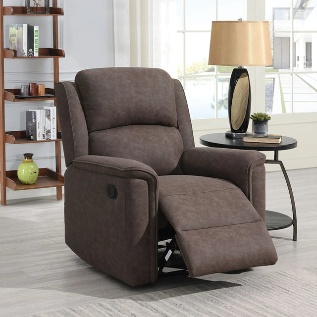 Brown fabric recliner chair with extended footrest in living room setting