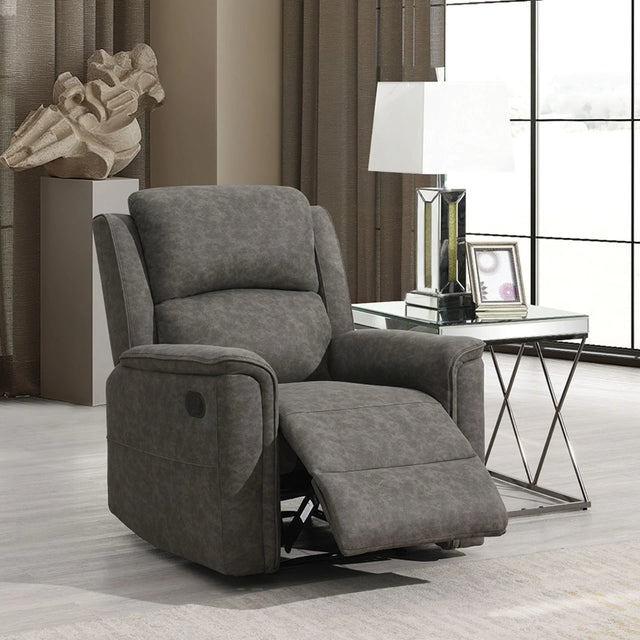 Grey fabric recliner chair with padded armrests in modern living room setting