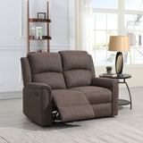 Brown fabric recliner sofa with extended footrest in bright living room setting