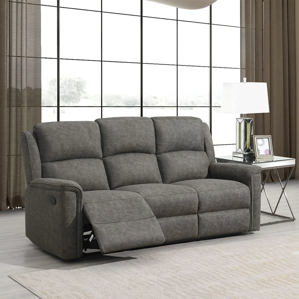 Grey fabric three seater recliner sofa in modern living room with large window