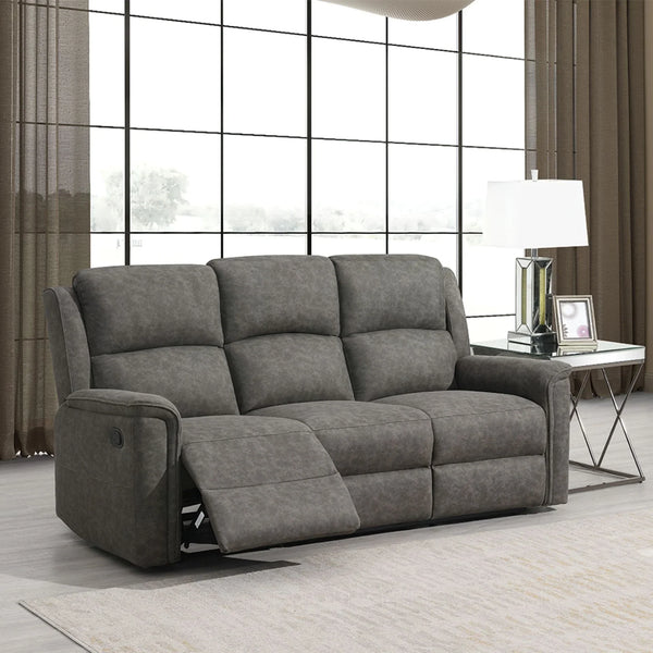 Grey fabric three seater recliner sofa in modern living room with large window