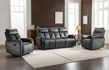 Dark grey recliner sofa set with matching armchairs in modern living room setting