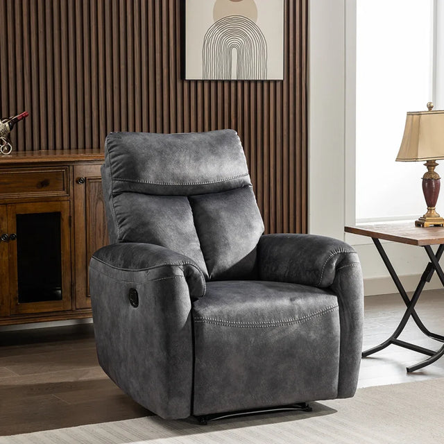 Dark grey fabric recliner chair with stitched detailing in modern living room