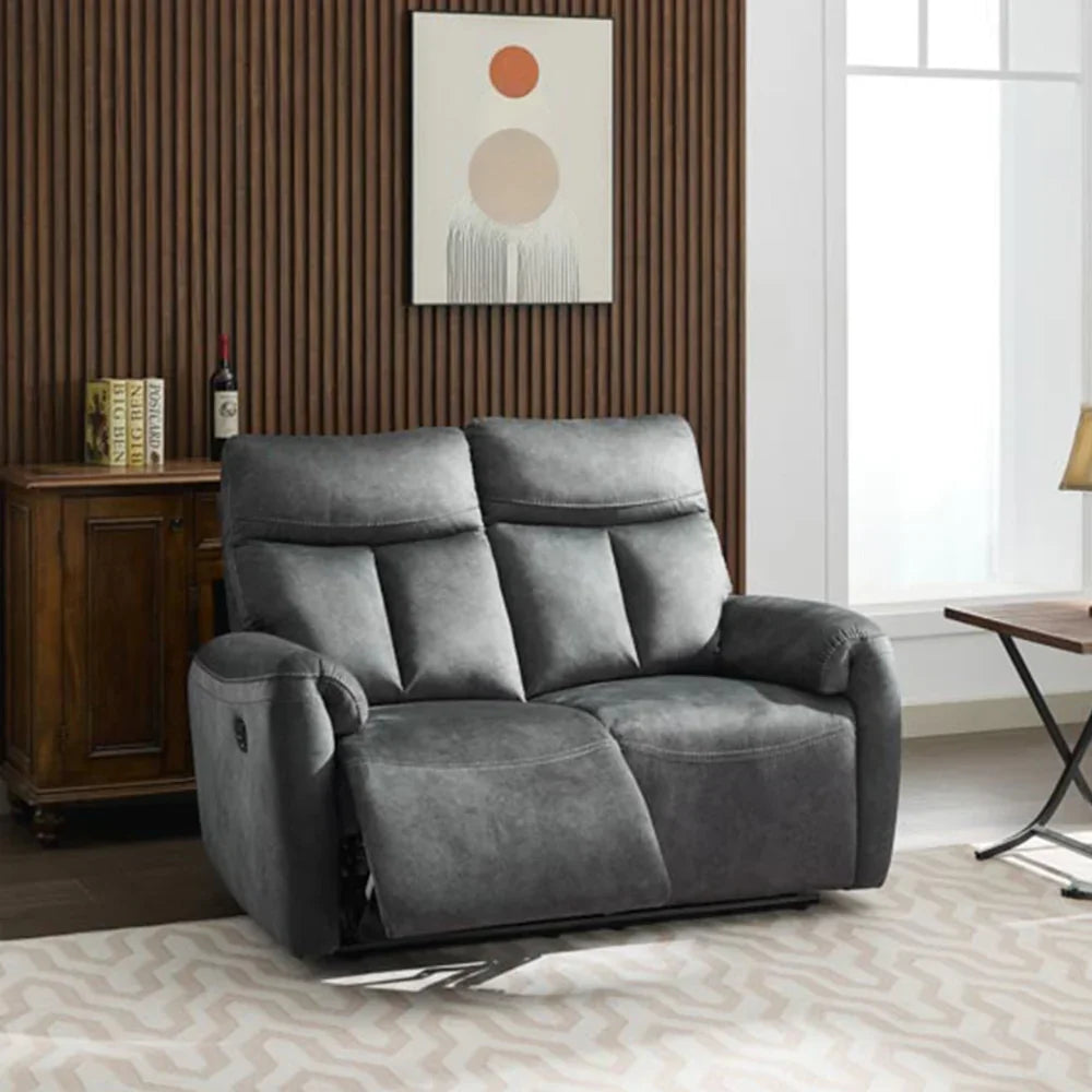 Dark grey fabric reclining sofa with split backrest in modern living room