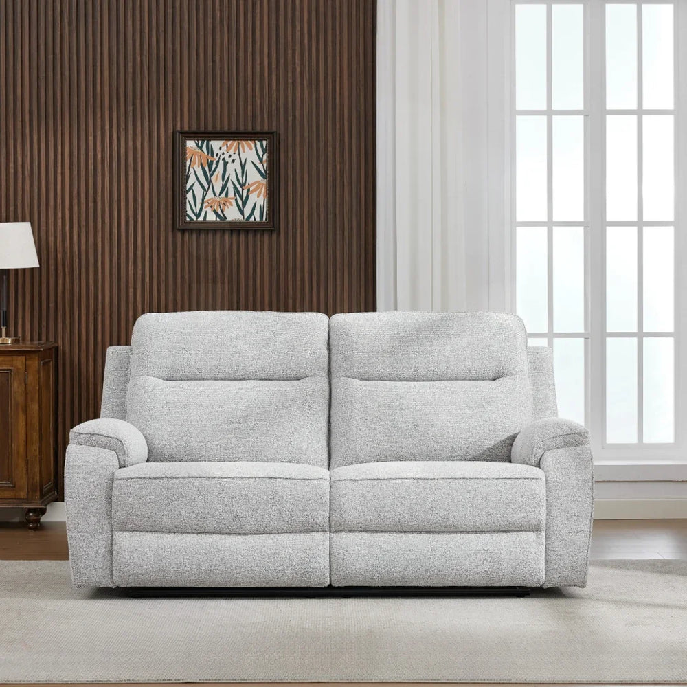 Light grey fabric sofa with plush cushions in modern living room setting