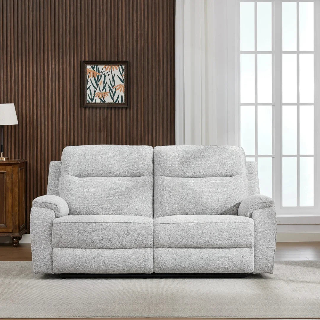 Light grey fabric sofa with plush cushions in modern living room setting