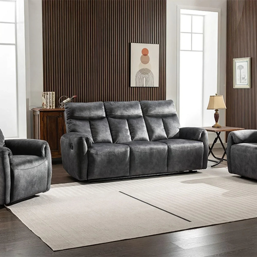 Dark grey recliner sofa set with two armchairs in modern living room