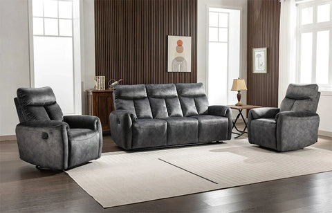 Dark grey recliner sofa set with two armchairs in modern living room