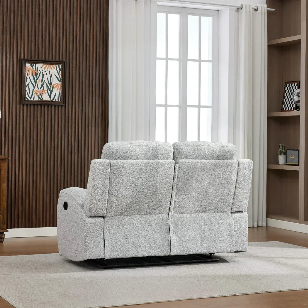 Back view of light grey loveseat sofa on beige rug in modern living room