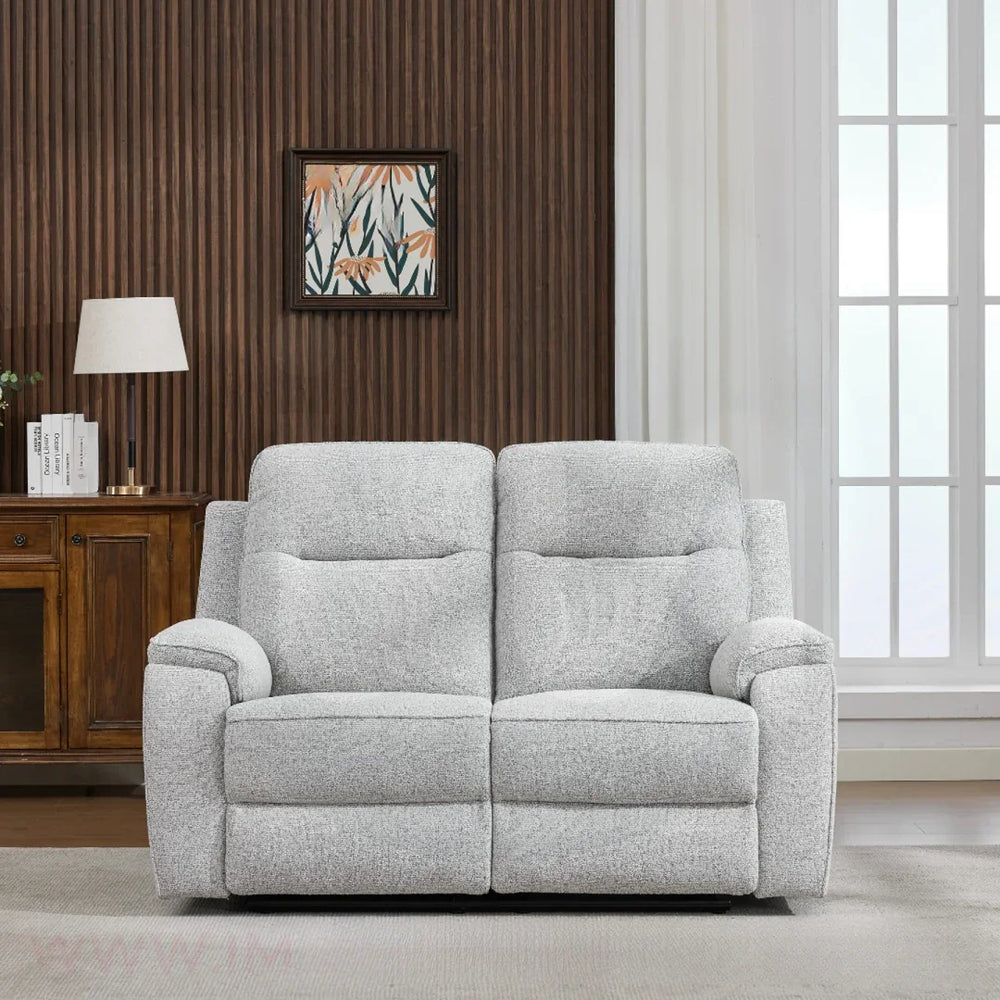 Light grey loveseat sofa with fabric upholstery in modern living room setting