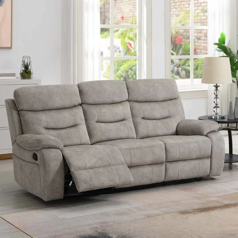 Cream 3 seater sofa with matching piping and left recliner extended in bright living room