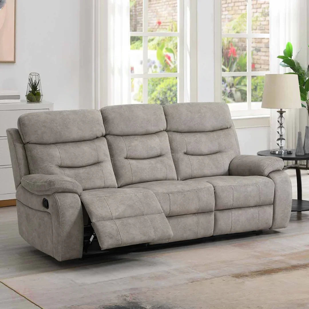 Cream 3 seater sofa with matching piping and left recliner extended in bright living room