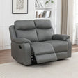 Charcoal fabric recliner loveseat with padded arms in living room setting