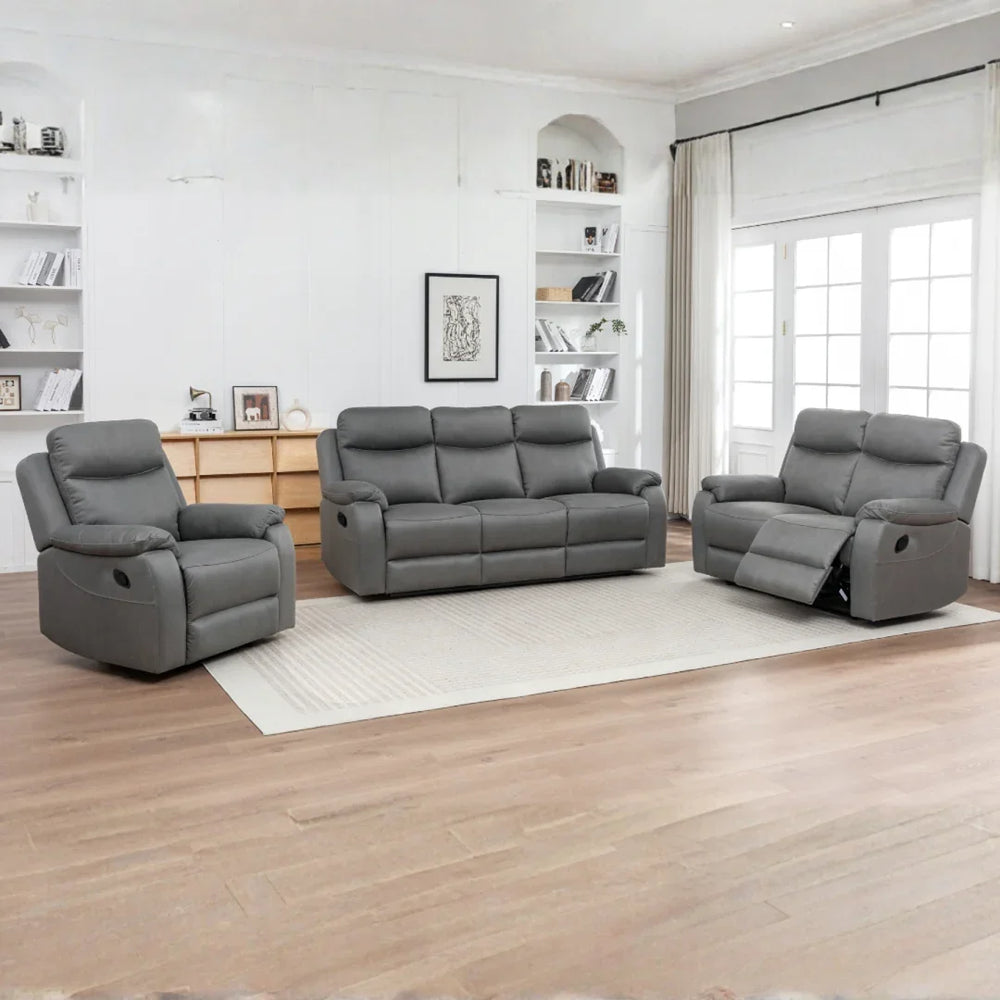 Charcoal 3 piece sofa set with recliner feature in bright living room