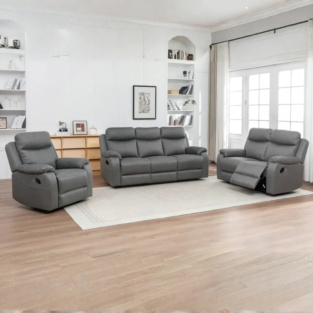Charcoal 3 piece sofa set with recliner feature in bright living room