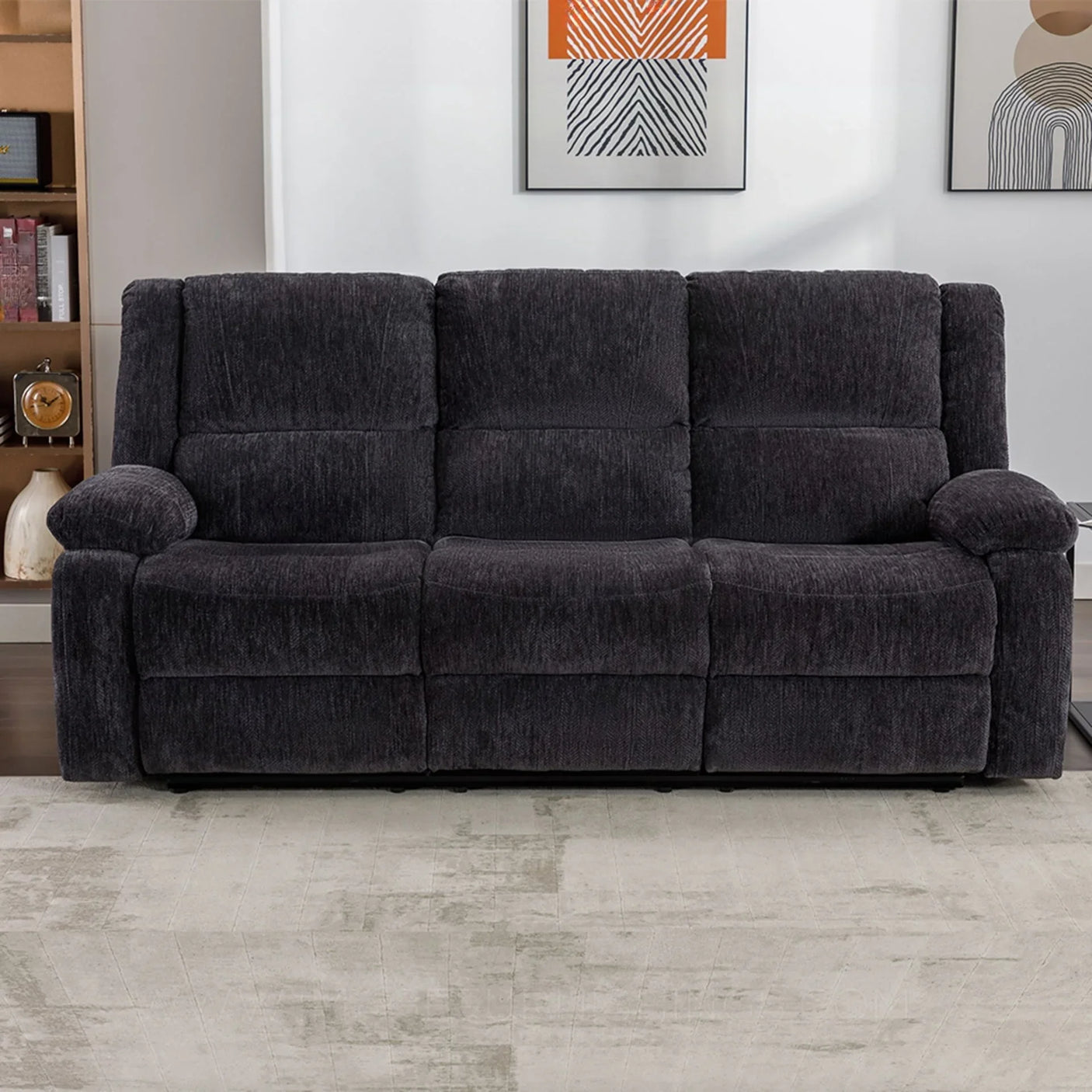 Charcoal fabric 3-seater recliner sofa with plush cushions in a modern living room setting
