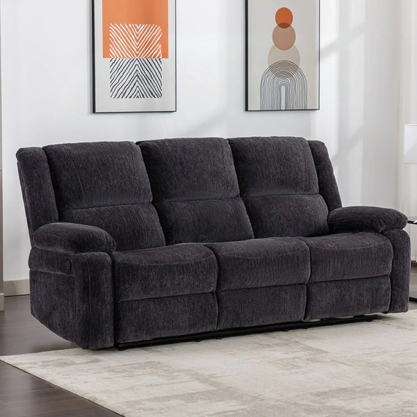 Charcoal fabric 3 seater sofa with recliner seats in modern living room setting