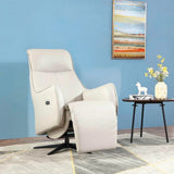 Light grey electric recliner chair with footrest extended in modern living room setting