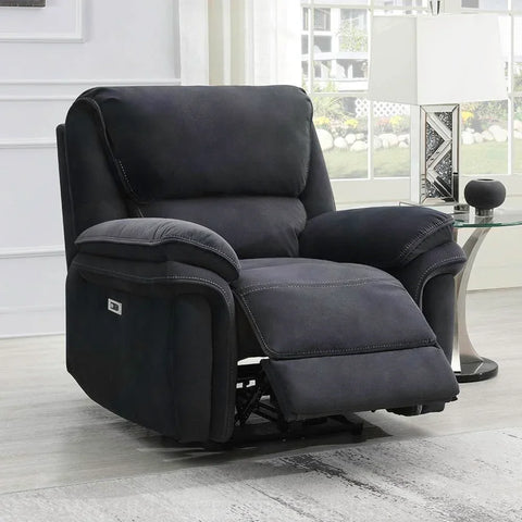 Bowery ink fabric recliner armchair with footrest extended in living room setting