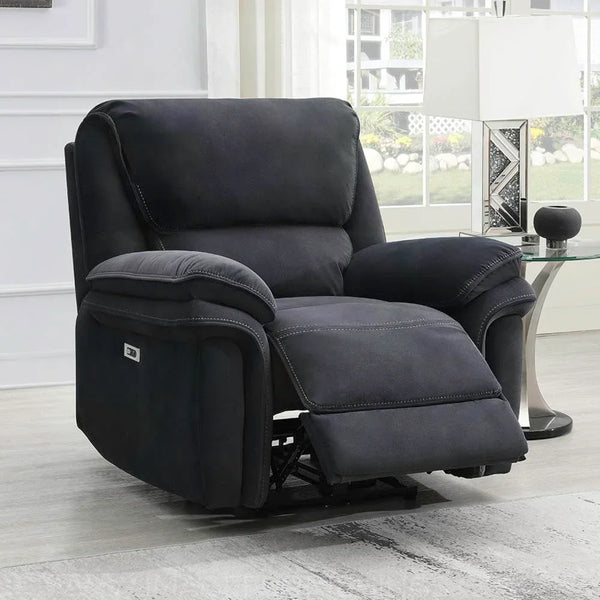 Bowery ink fabric recliner armchair with footrest extended in living room setting
