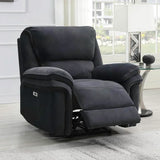 Bowery ink fabric recliner armchair with footrest extended in living room setting
