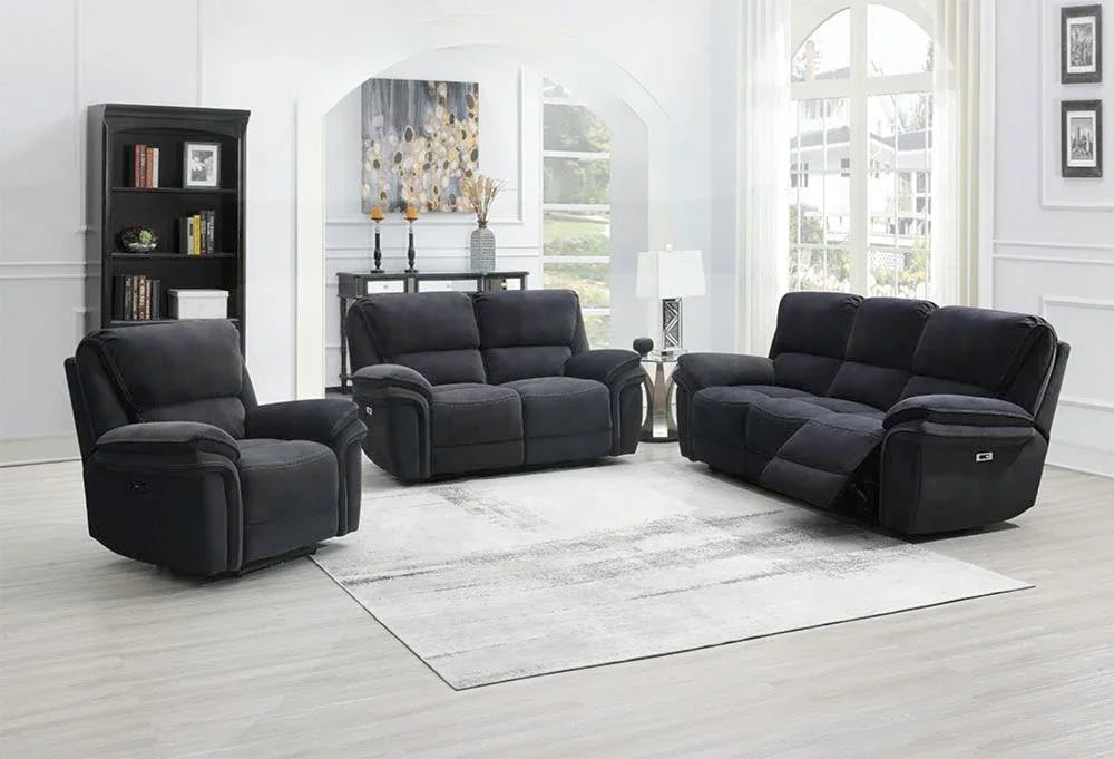 Dark grey fabric recliner sofa set with armchair and loveseat in modern living room