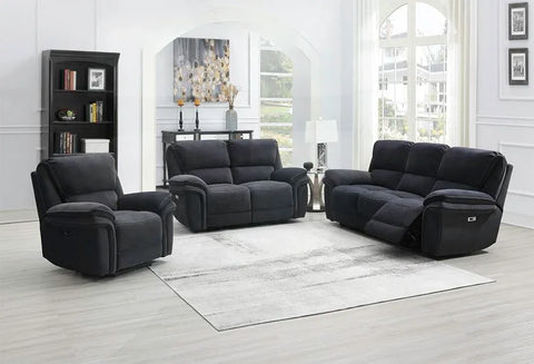 Dark grey fabric recliner sofa set with armchair and loveseat in modern living room