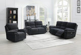 Dark grey fabric recliner sofa set with armchair and loveseat in modern living room