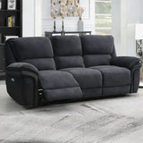Dark grey fabric recliner sofa with footrest extended in modern living room setting