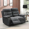 Dark grey fabric reclining sofa with padded armrests and backrest in living room setting