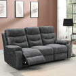 Dark grey three seat recliner sofa with plush cushions in a modern living room