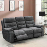 Dark grey three seat recliner sofa with plush cushions in a modern living room