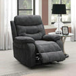 Dark grey recliner chair with padded armrests and footrest in a modern living room