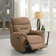 Sand fabric recliner chair with footrest extended in living room near glass side table